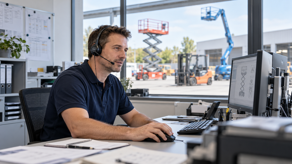 Person mit Headset am Schreibtisch und Arbeitsbühnen im Hintergrund
